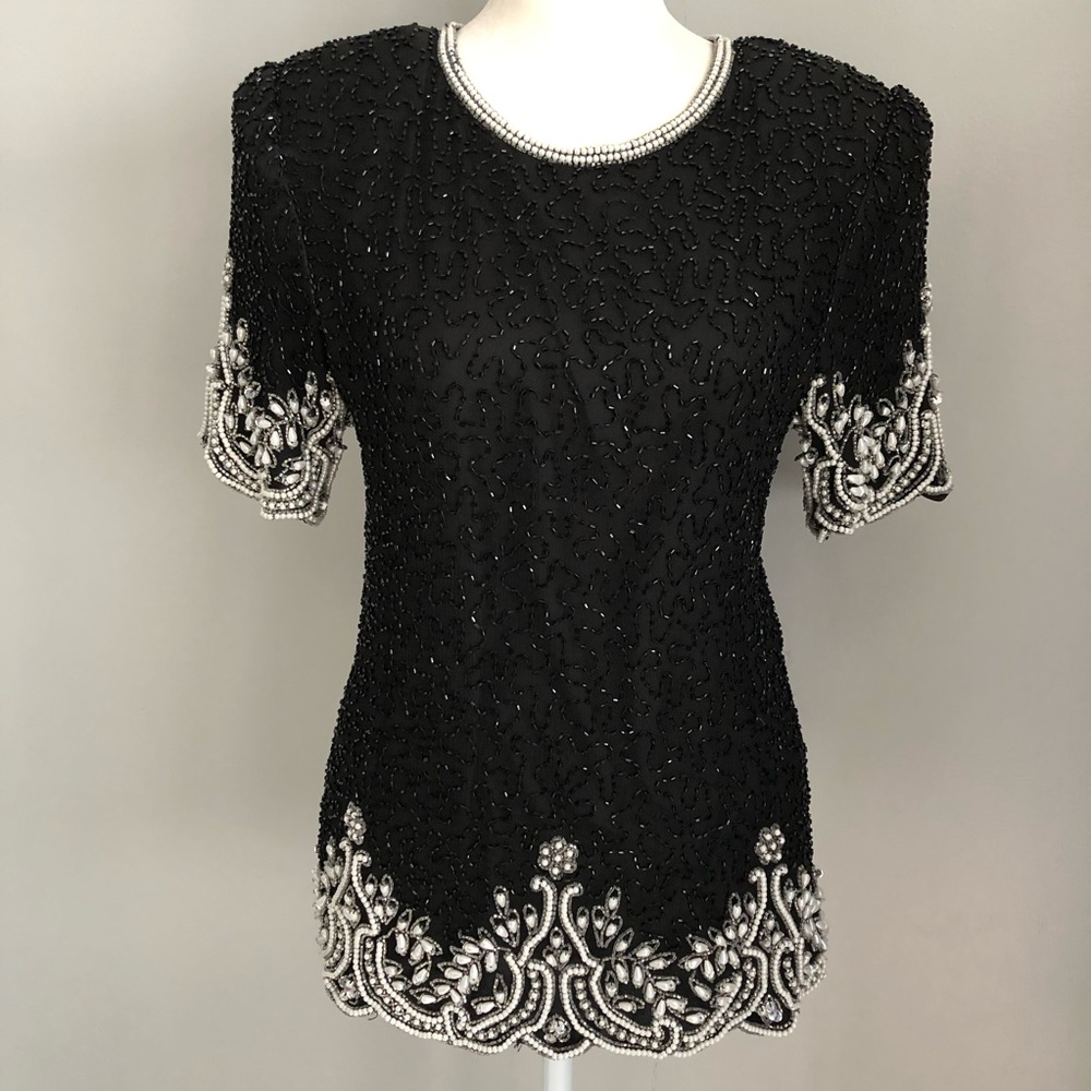 Vintage Black Silver Silk Beaded Short Sleeve Blouse